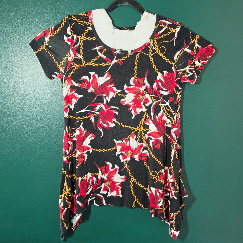 Bishuige Womens Floral Gold Chain Print Sharkbite Hem Tunic Top Black Red Large